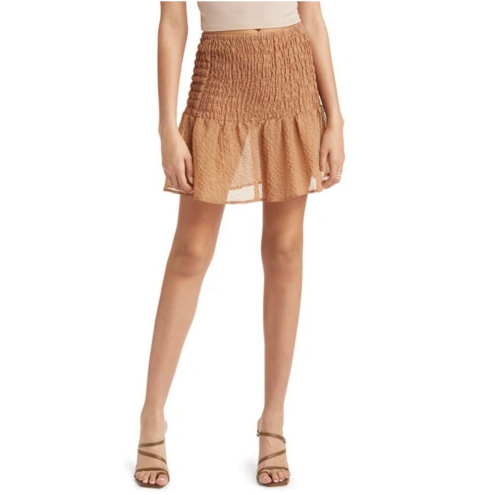 Open Edit Smocked Semisheer Miniskirt Tan Size XS